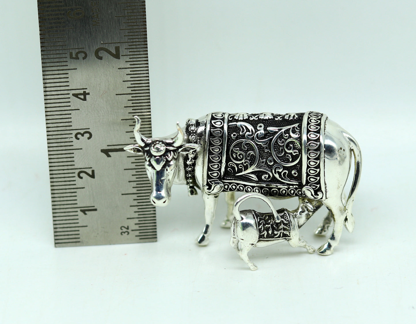925 Sterling silver handmade Idol Krishna Bal Gopal statue figurine, Makkhan Gopal sculpture with Kamdhenu cow, silver puja article su229 - TRIBAL ORNAMENTS