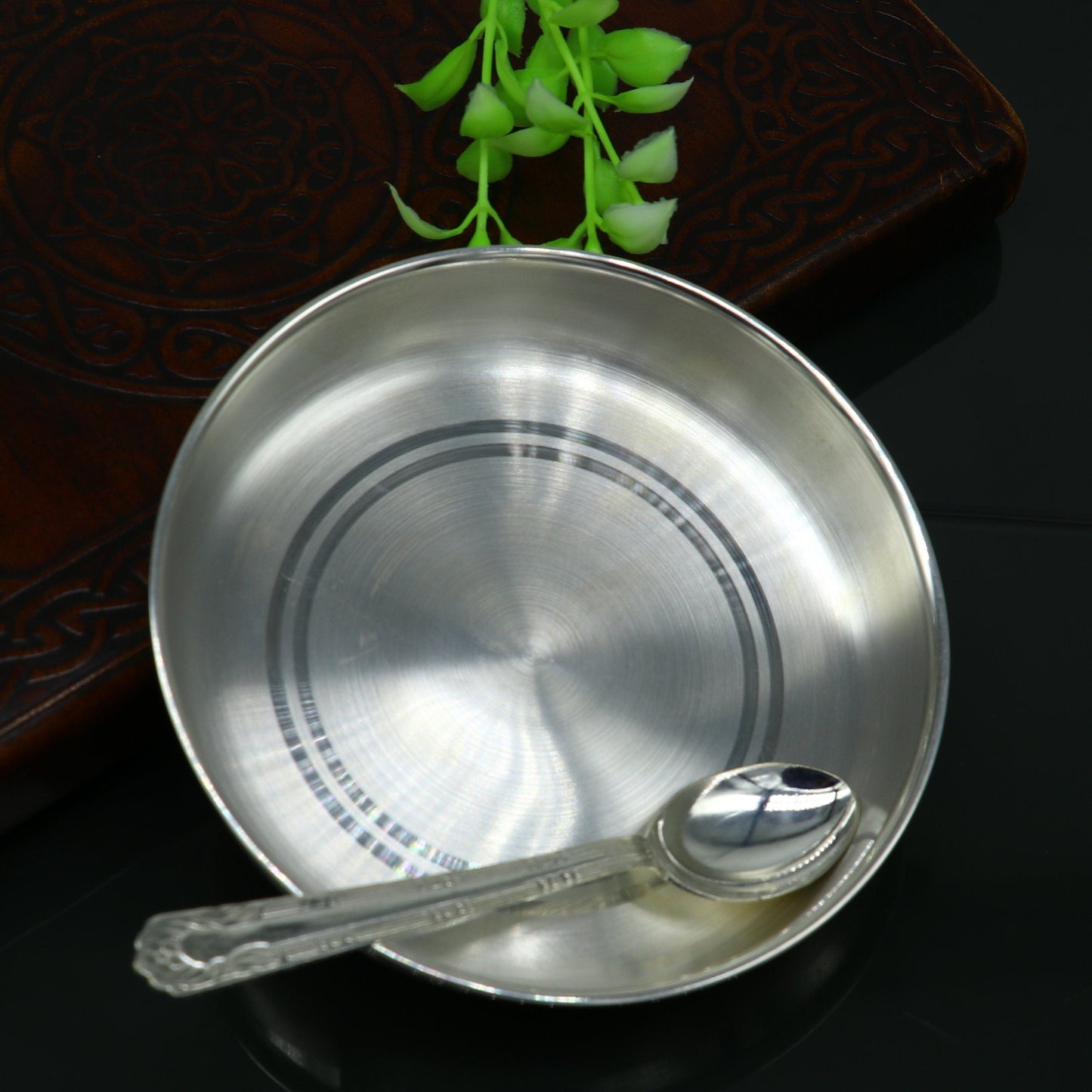 999 sterling silver handmade silver plate tray with spoon, silver baby utensil set , silver baby food tray , silver utensils india sv152 - TRIBAL ORNAMENTS