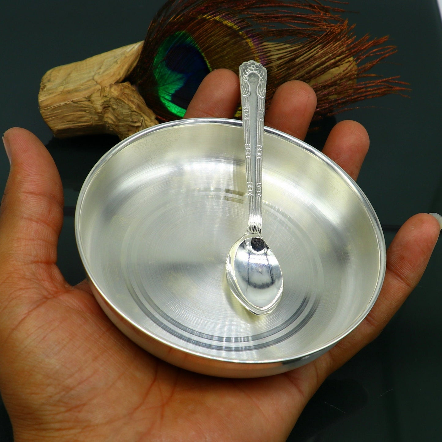 999 sterling silver handmade silver plate tray with spoon, silver baby utensil set , silver baby food tray , silver utensils india sv152 - TRIBAL ORNAMENTS