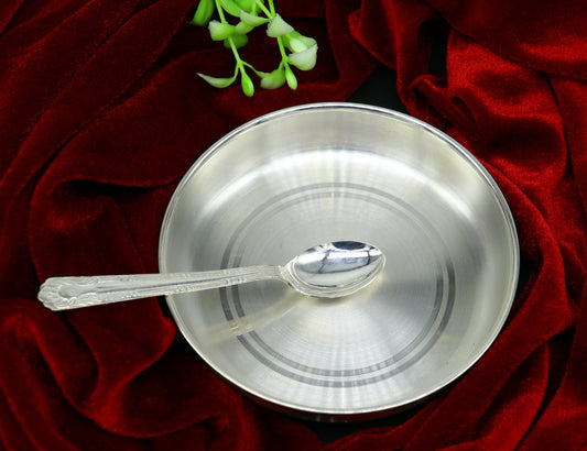 999 sterling silver handmade silver plate tray with spoon, silver baby utensil set , silver baby food tray , silver utensils  india sv152 - TRIBAL ORNAMENTS