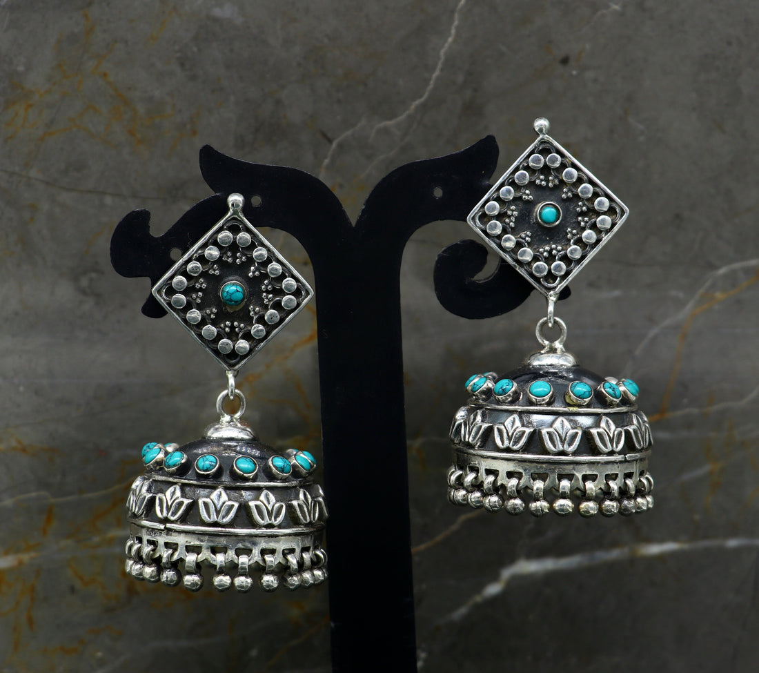 925 sterling silver chandelier stylish handmade earring jhumka, Gorgeous turquoise stone earring drop dangle, tribal ethnic earring ear740 - TRIBAL ORNAMENTS
