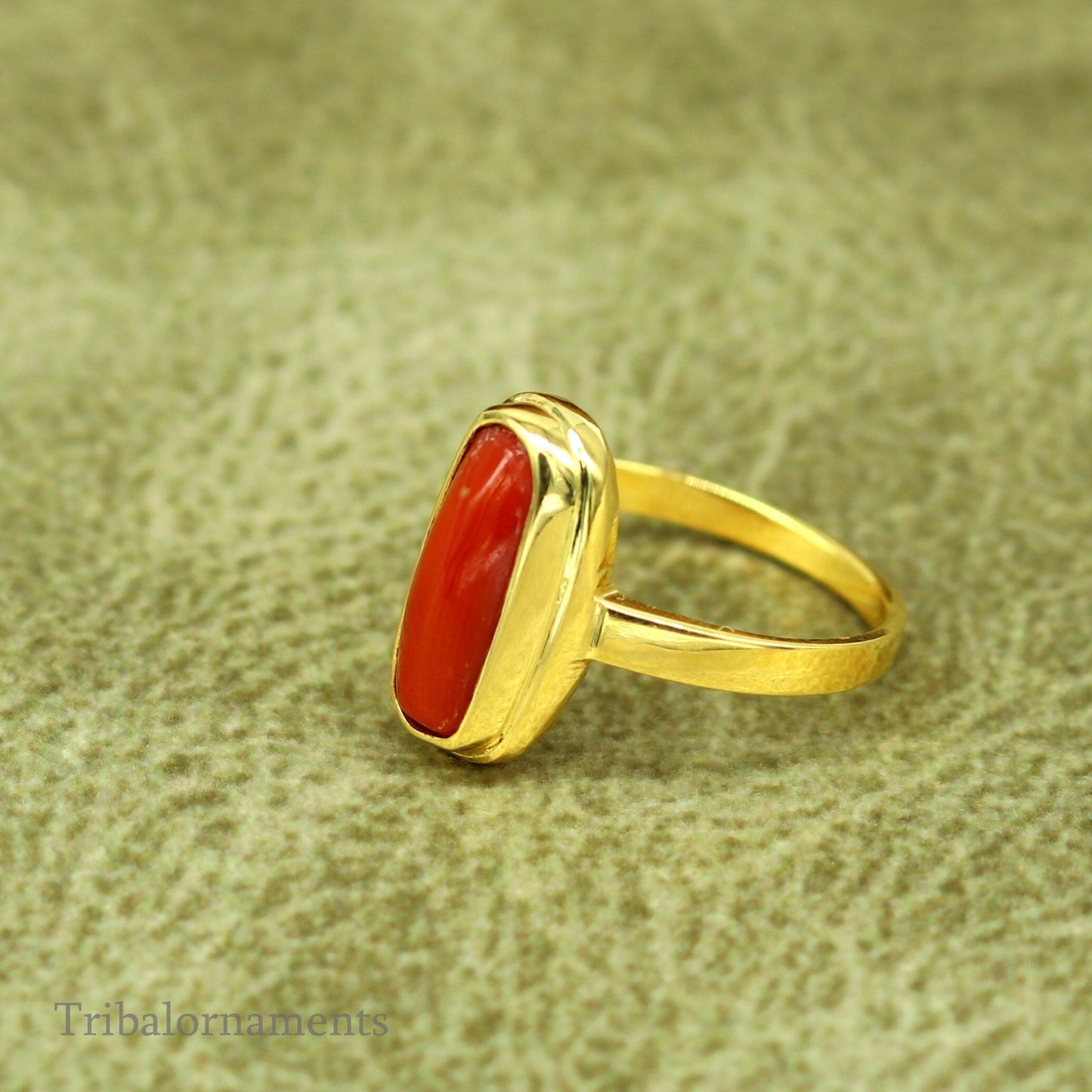 18kt or 22kt yellow gold handmade Red coral (munga) ring band, excellent design unisex stone ring, certified hallmarked jewelry gring34 - TRIBAL ORNAMENTS