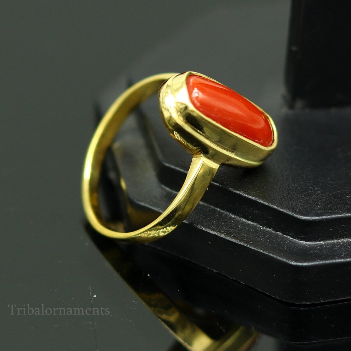 18kt or 22kt yellow gold handmade Red coral (munga) ring band, excellent design unisex stone ring, certified hallmarked jewelry gring34 - TRIBAL ORNAMENTS