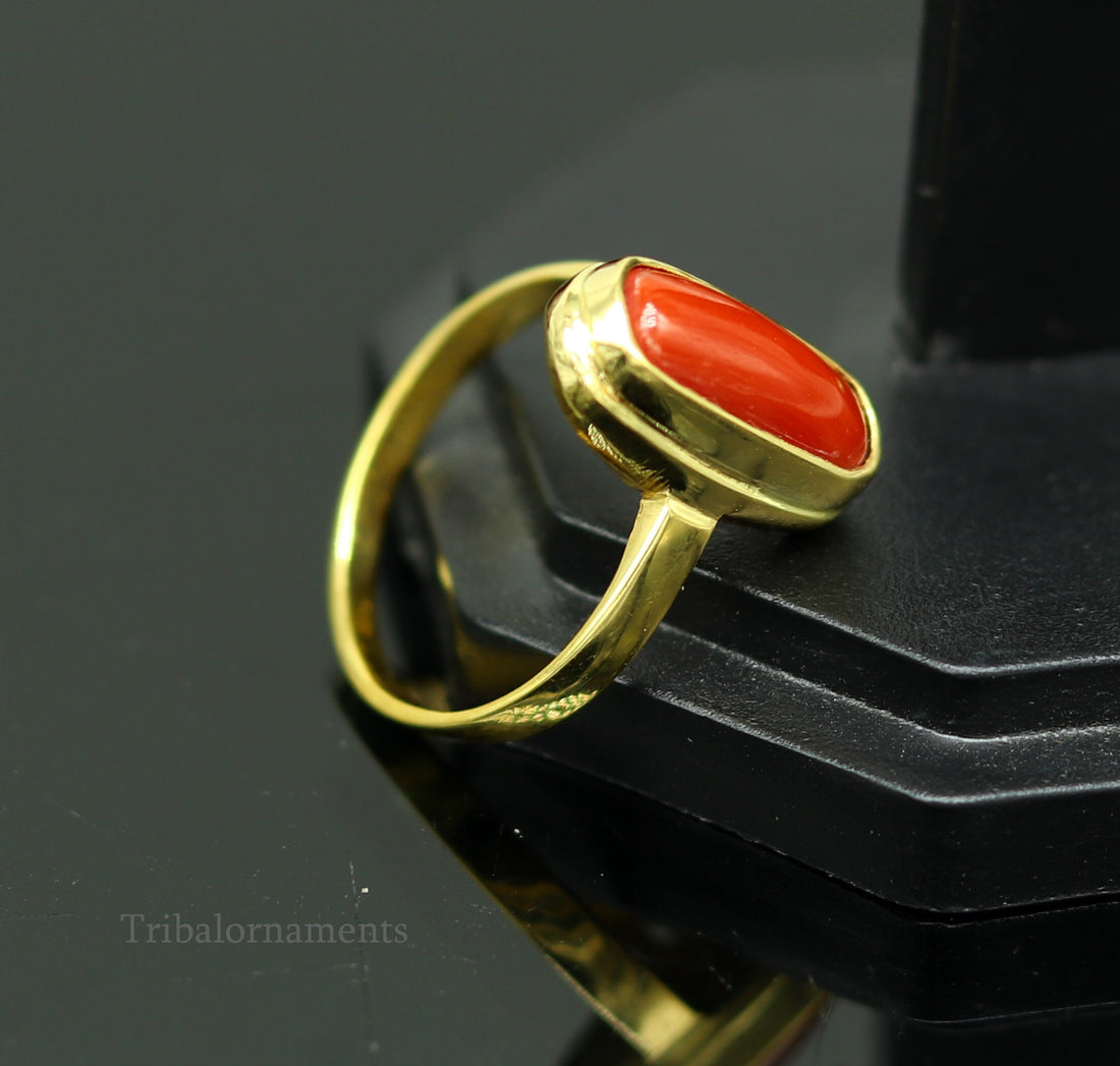 18kt or 22kt yellow gold handmade  Red coral (munga) ring band, excellent design unisex stone ring, certified hallmarked jewelry gring34 - TRIBAL ORNAMENTS
