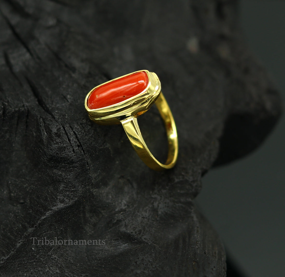 18kt or 22kt yellow gold handmade  Red coral (munga) ring band, excellent design unisex stone ring, certified hallmarked jewelry gring34 - TRIBAL ORNAMENTS