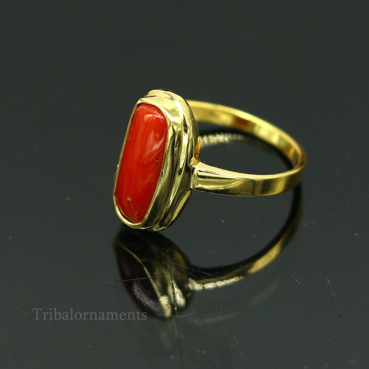 18kt or 22kt yellow gold handmade Red coral (munga) ring band, excellent design unisex stone ring, certified hallmarked jewelry gring34 - TRIBAL ORNAMENTS