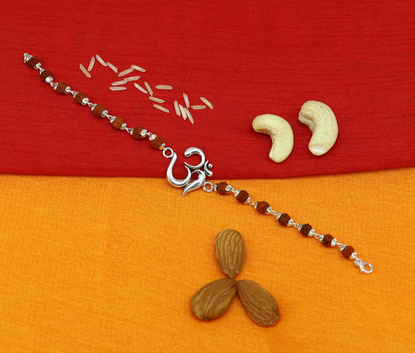 8" 925 Sterling silver customized rudraksha beaded 'AUM' Rakhi or bracelet. best gift for your brother's for special Rakshabandhan rk02 - TRIBAL ORNAMENTS