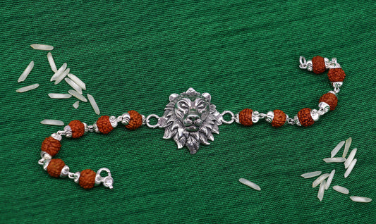 7.0" 925 Sterling silver customized rudraksha beaded lion Rakhi or bracelet. best gift for your brother's  for special Rakshabandhan rk05 - TRIBAL ORNAMENTS