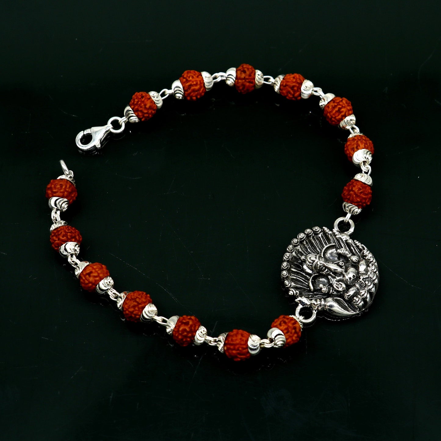 8" 925 Sterling silver customized rudraksha beaded Lord Ganesha Rakhi bracelet. best gift for your brother's of special Rakshabandhan rk07 - TRIBAL ORNAMENTS