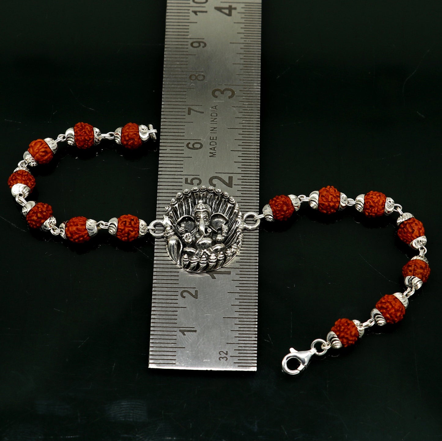 8" 925 Sterling silver customized rudraksha beaded Lord Ganesha Rakhi bracelet. best gift for your brother's of special Rakshabandhan rk07 - TRIBAL ORNAMENTS