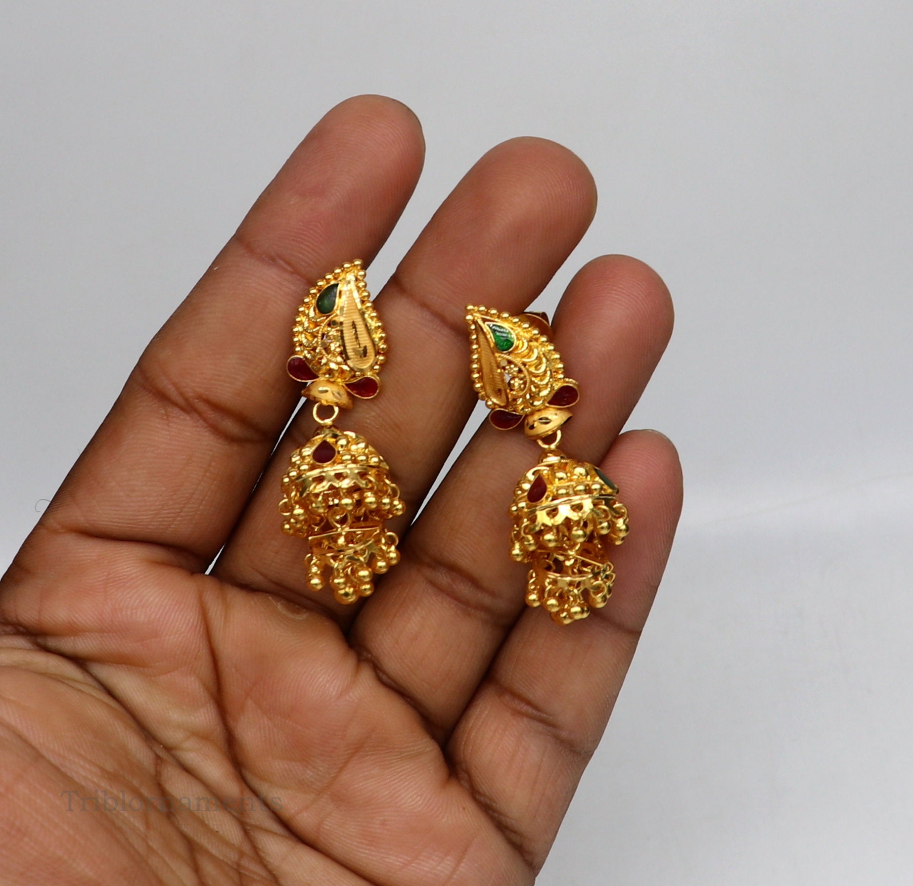 22kt yellow gold customized filigree work stud earring jhumki, amazing stunning brides jhumka earring best gifting earrings er128 - TRIBAL ORNAMENTS