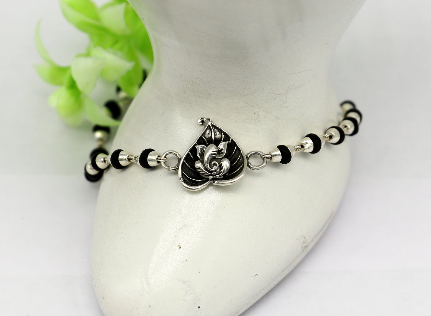 Pure 925 sterling silver Ganesha design tulsi beaded Rakhi Bracelet, special personalized Rakshabandhan gift for brother rk013 - TRIBAL ORNAMENTS
