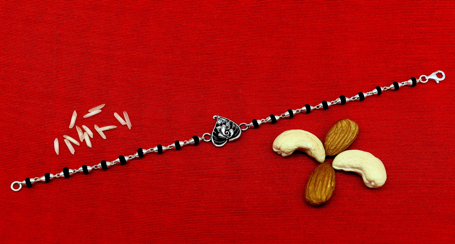 Pure 925 sterling silver Ganesha design tulsi beaded Rakhi Bracelet, special personalized Rakshabandhan gift for brother rk013 - TRIBAL ORNAMENTS