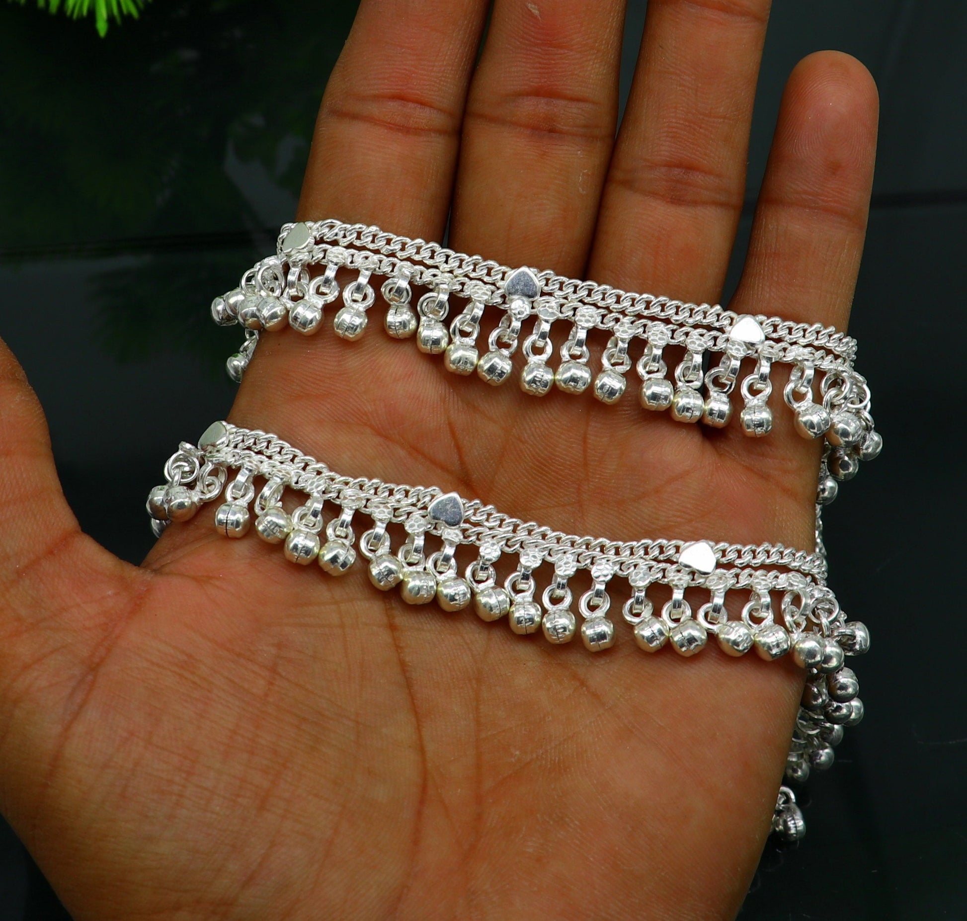 10.5" long handmade sterling silver gorgeous anklet bracelet, wonderful noisy hanging bells charm anklets girls women's belly dance ank339 - TRIBAL ORNAMENTS