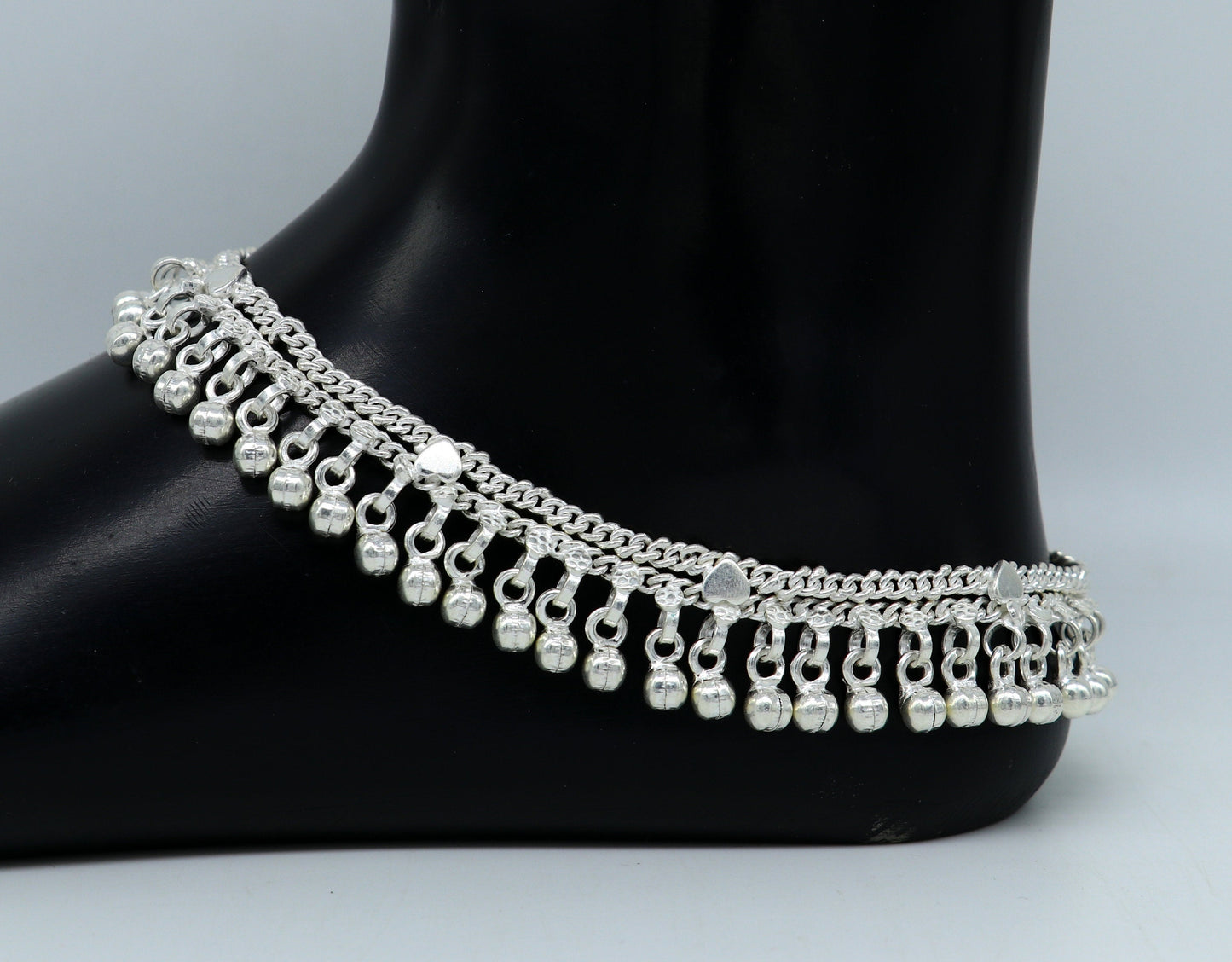 10.5" long handmade sterling silver gorgeous anklet bracelet, wonderful noisy hanging bells charm anklets girls women's belly dance ank339 - TRIBAL ORNAMENTS
