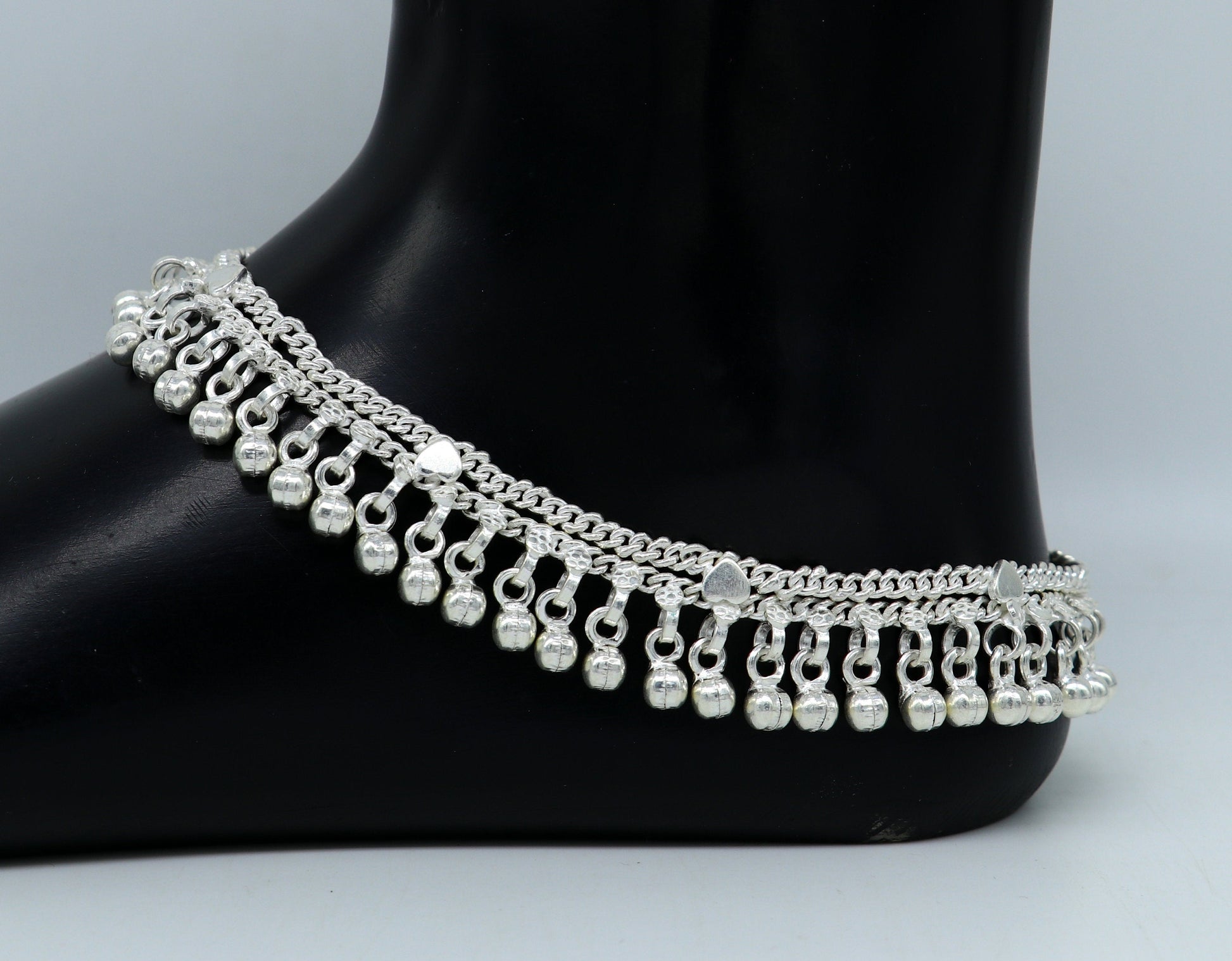 10.5" long handmade sterling silver gorgeous anklet bracelet, wonderful noisy hanging bells charm anklets girls women's belly dance ank339 - TRIBAL ORNAMENTS