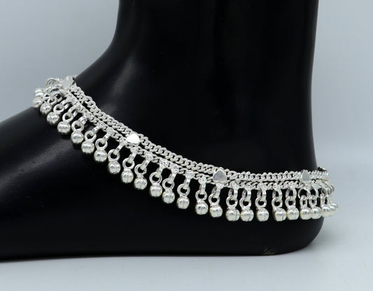 10.5" long handmade sterling silver gorgeous anklet bracelet, wonderful noisy hanging bells charm anklets girls women's belly dance ank339 - TRIBAL ORNAMENTS