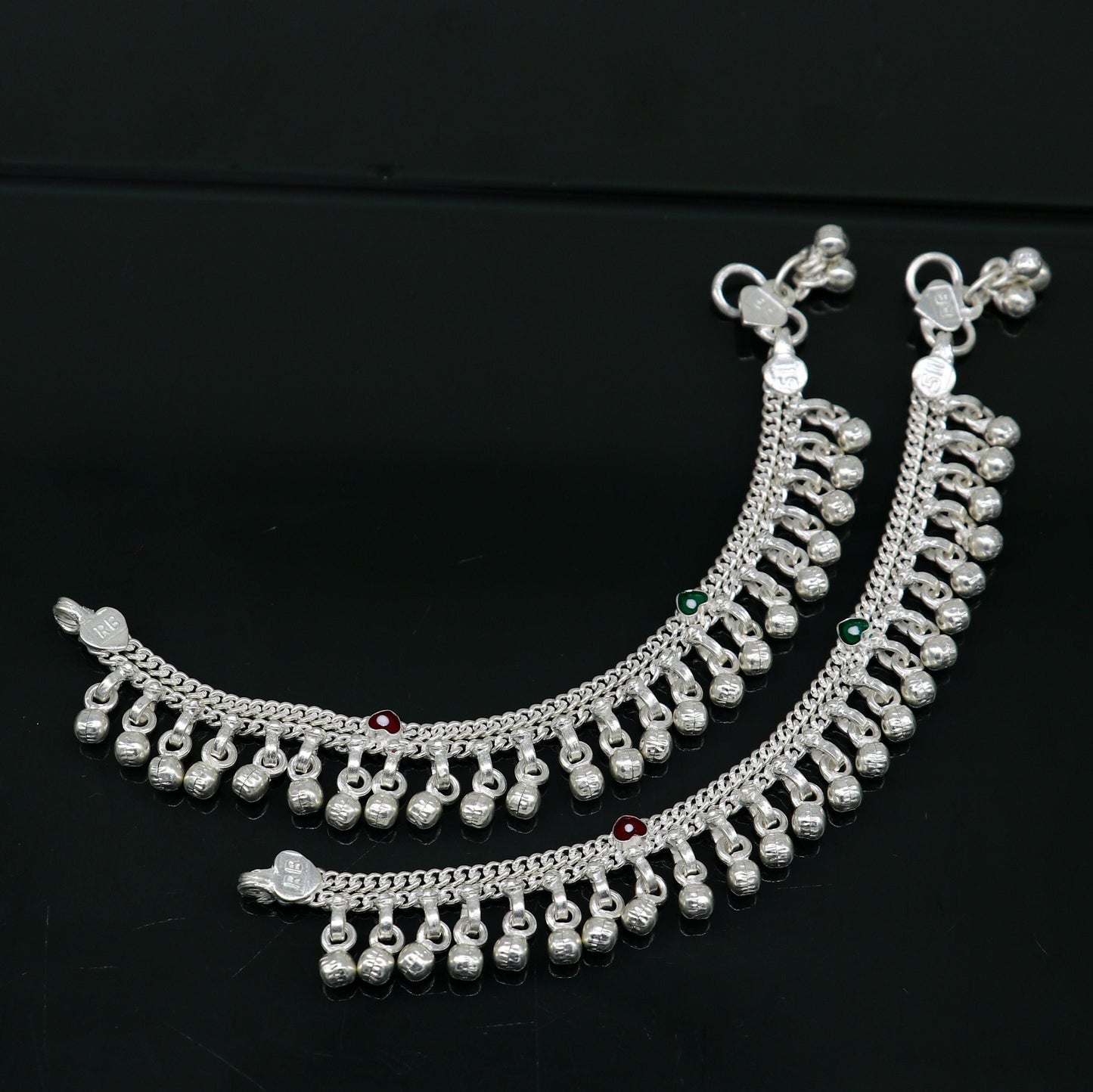 5" handmade solid sterling silver waved jingling bells noisy anklets, excellent gifting baby foot bracelet charm kids jewelry ank362 - TRIBAL ORNAMENTS