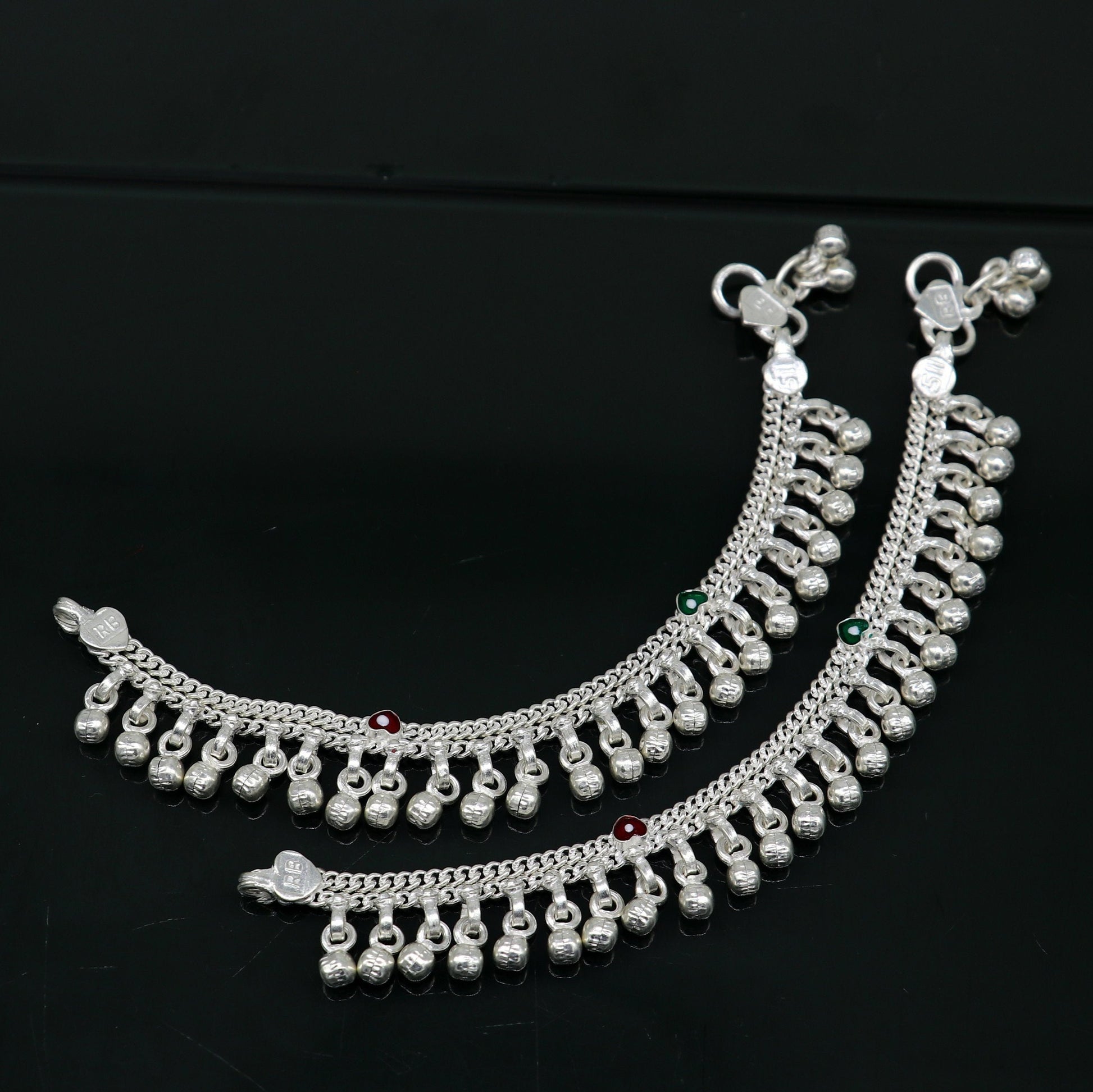 5" handmade solid sterling silver waved jingling bells noisy anklets, excellent gifting baby foot bracelet charm kids jewelry ank362 - TRIBAL ORNAMENTS