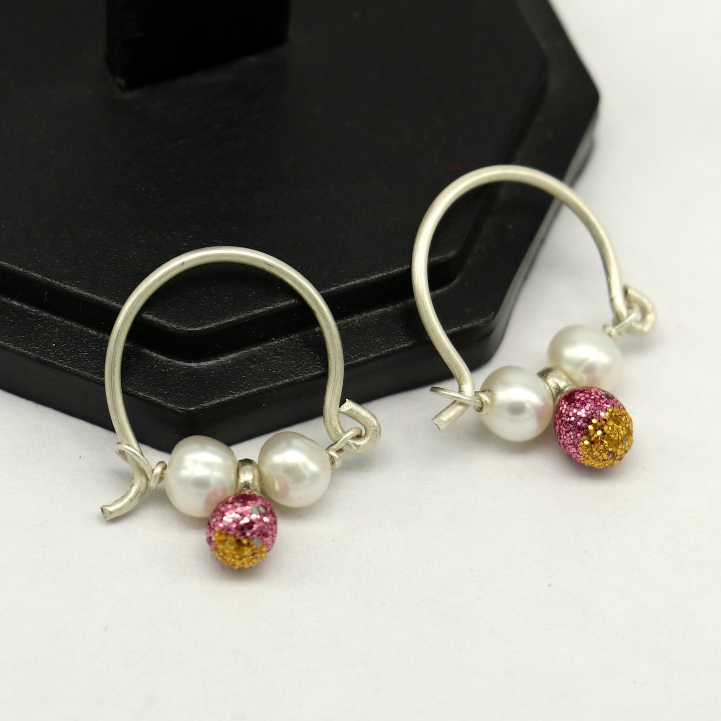 925 sterling silver custom made hoops earring, gorgeous hanging pearls, Vintage bali hoops earring for kids, girl's gifting jewelry s913 - TRIBAL ORNAMENTS