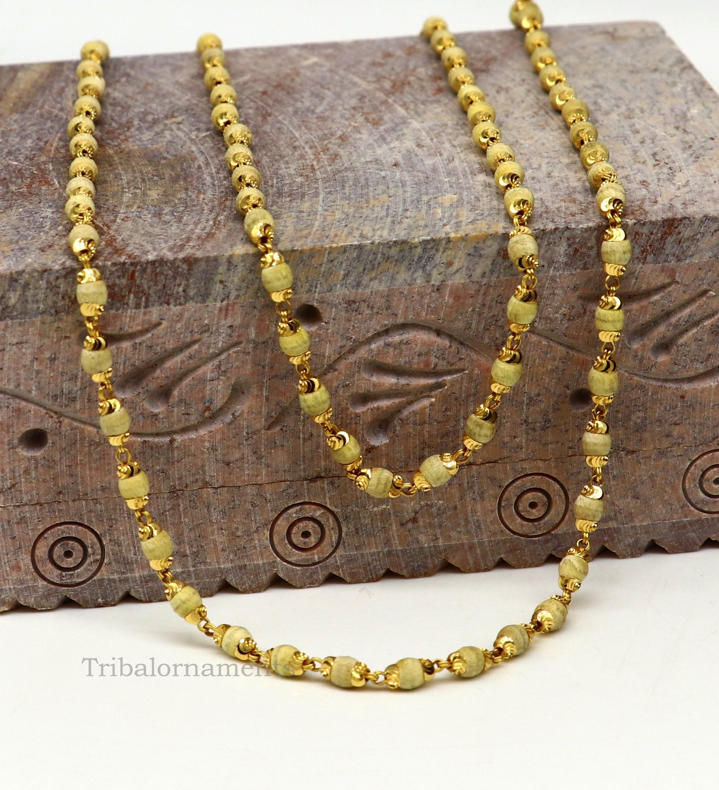 22kt yellow gold 3mm basil rosary(tulsi) chain necklace, Gorgeous customized beaded chain, excellent wedding gifting jewelry ch264 - TRIBAL ORNAMENTS