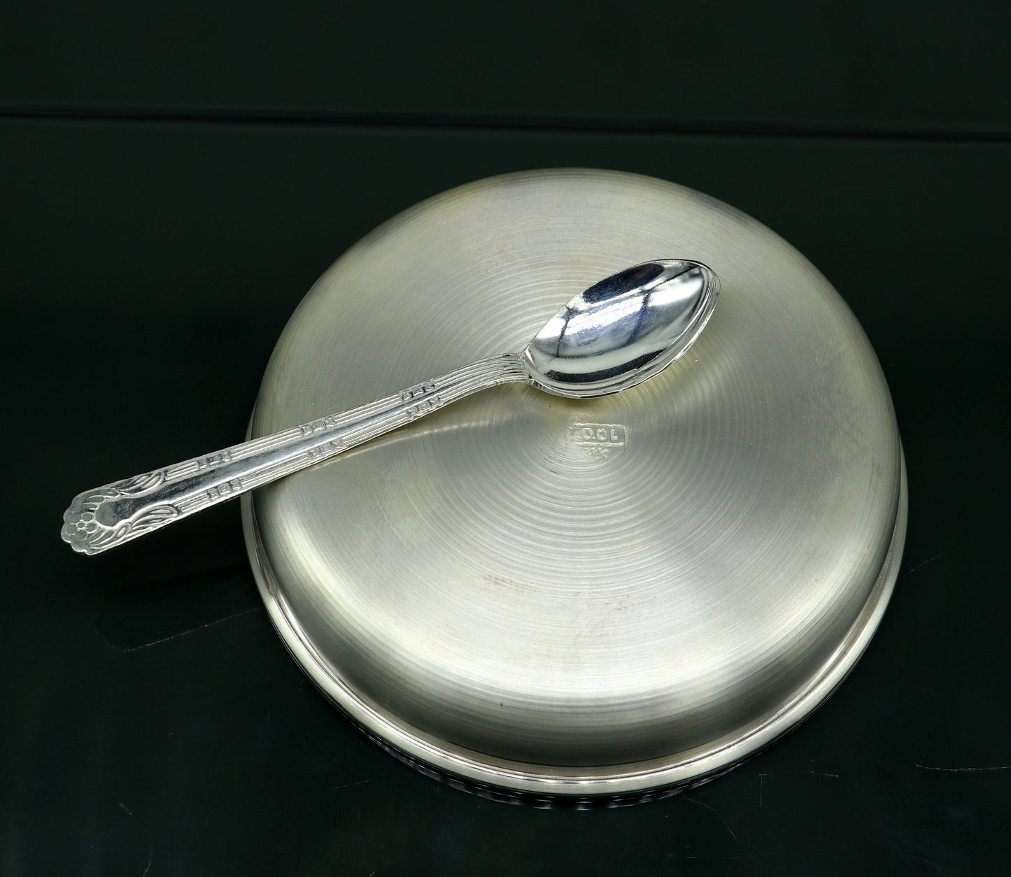 999 sterling silver handmade silver plate tray with spoon, silver baby utensil set , silver baby food tray , silver utensils india sv152 - TRIBAL ORNAMENTS