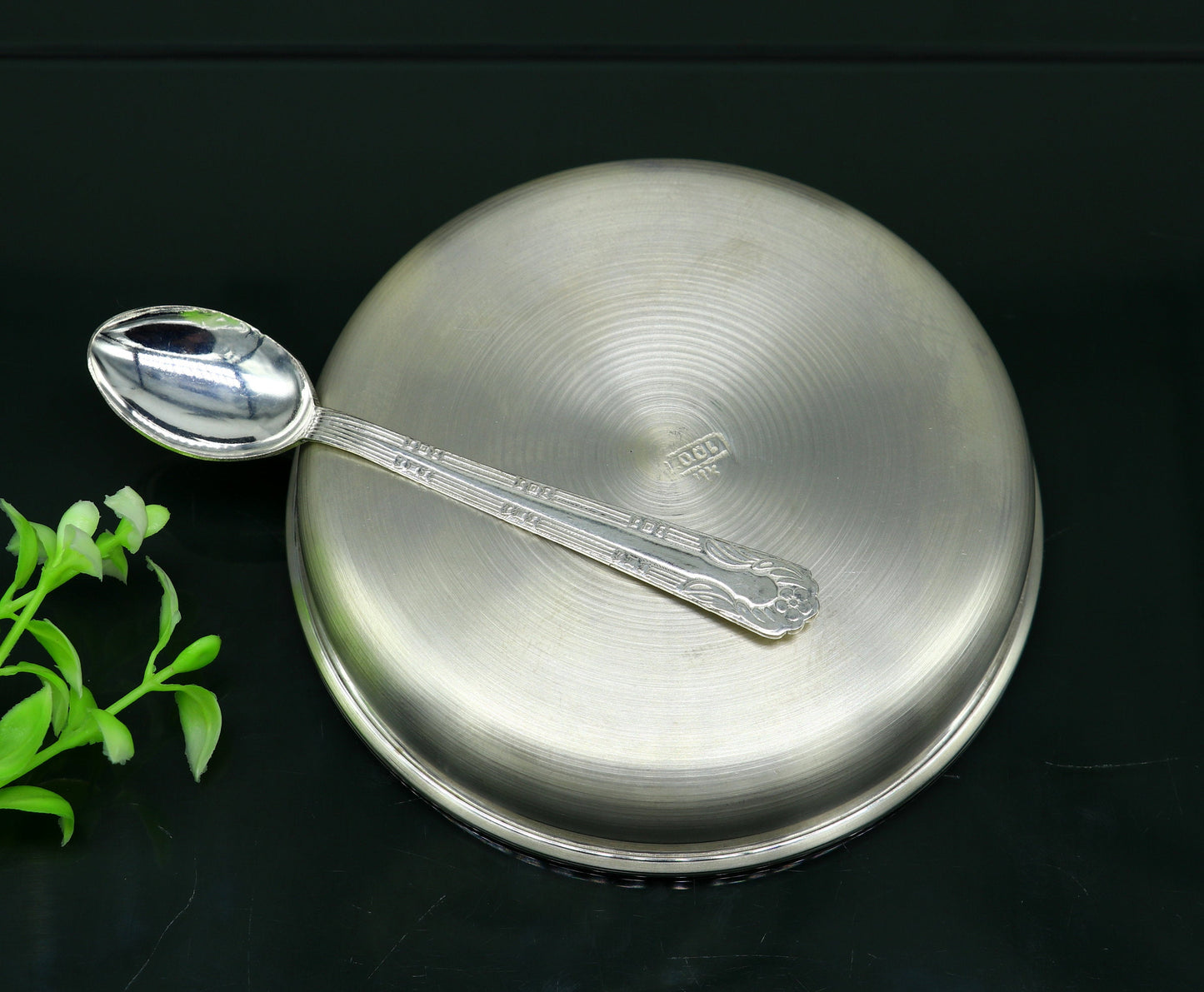 999 sterling silver handmade silver plate tray with spoon, silver baby utensil set , silver baby food tray , silver utensils india sv152 - TRIBAL ORNAMENTS