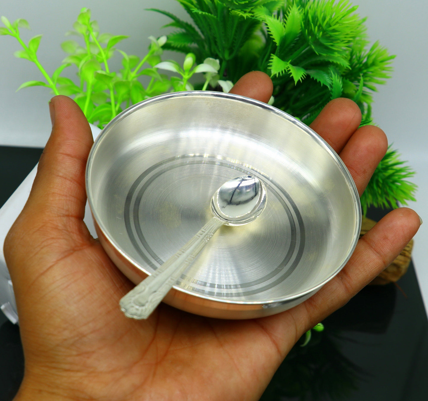 999 sterling silver handmade silver plate tray with spoon, silver baby utensil set , silver baby food tray , silver utensils india sv152 - TRIBAL ORNAMENTS