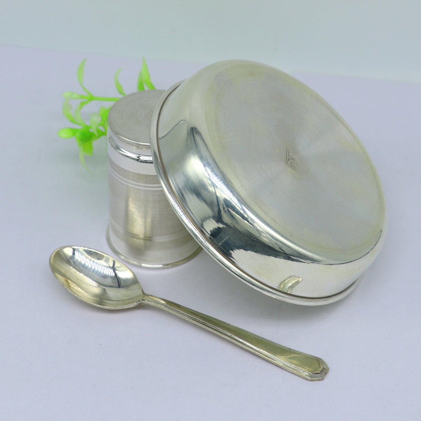 999 fine silver handmade small water/milk Glass tumbler, tray /plate baby kids silver cup & spoon utensils, stay healthy from bacteria sv156 - TRIBAL ORNAMENTS