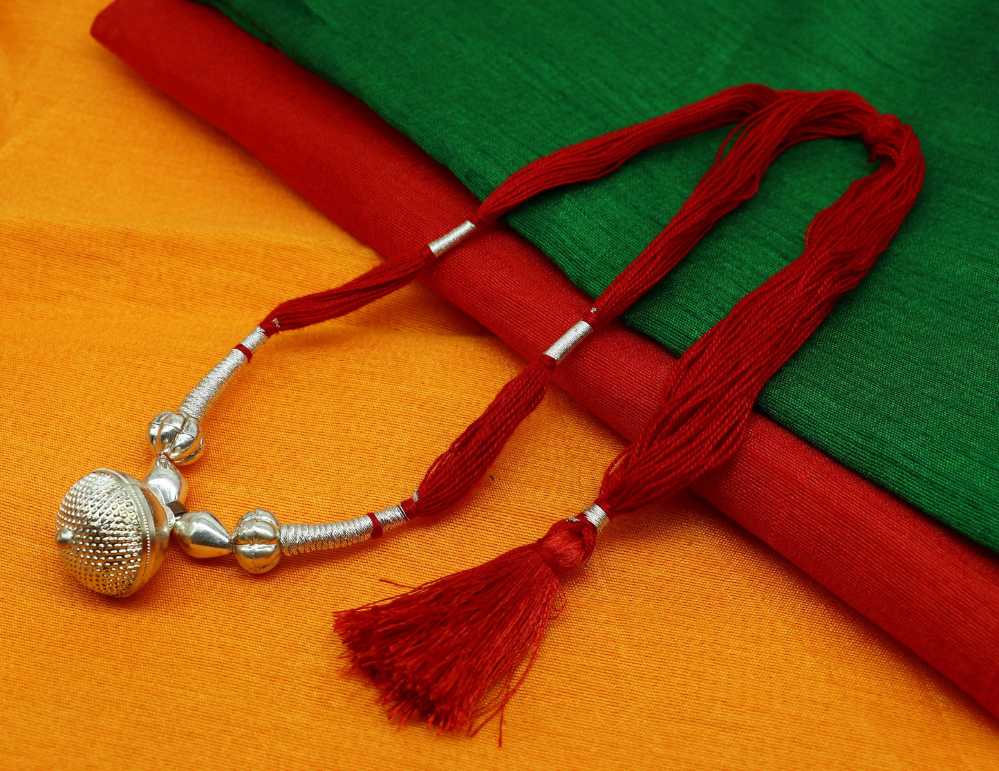 Vintage traditional stylish sterling silver beads with red thread charm necklace, wedding choker tribal brides adjustable jewelry set187 - TRIBAL ORNAMENTS