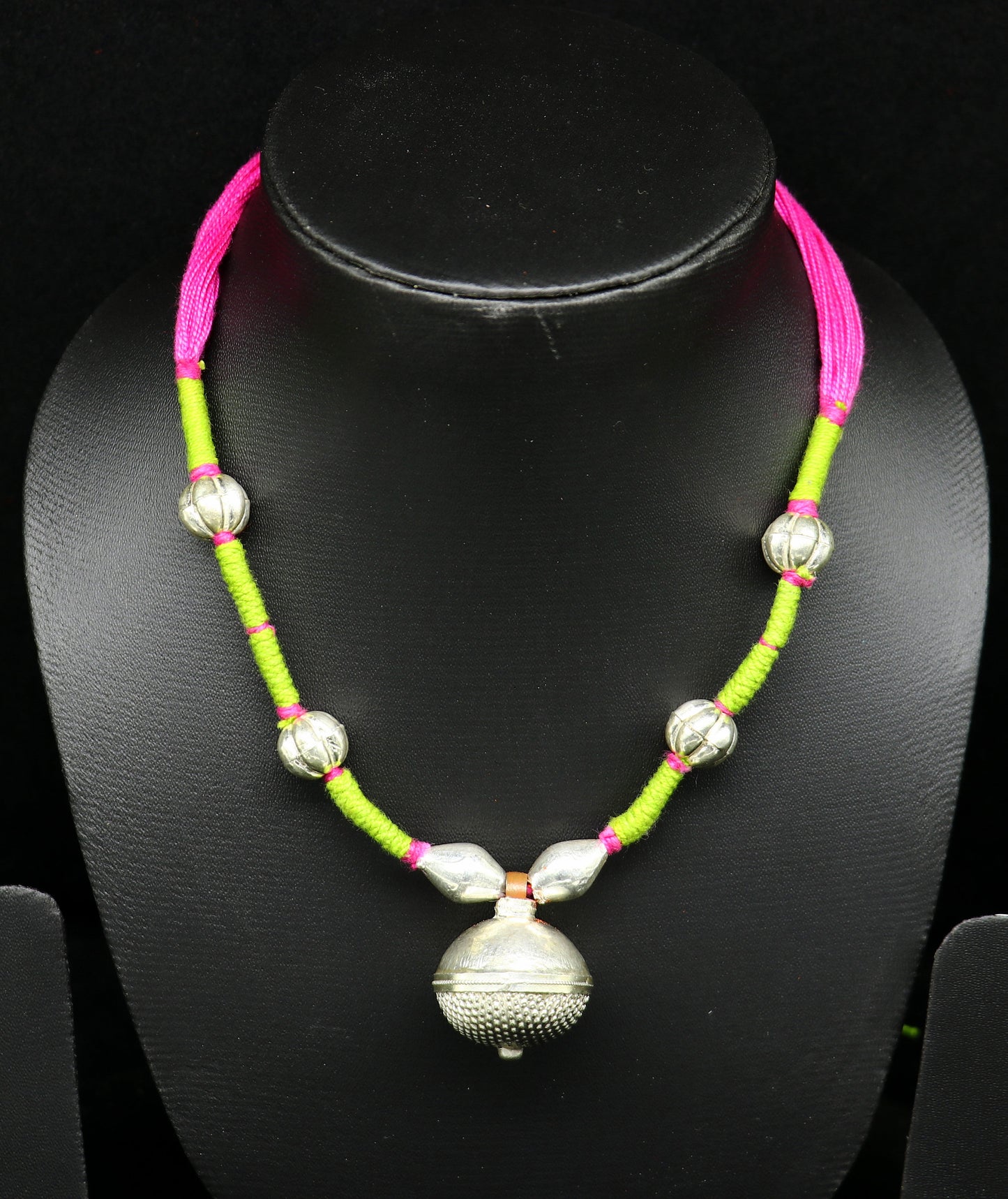Vintage traditional stylish sterling silver beads with pink thread charm necklace, wedding choker tribal brides adjustable jewelry set188 - TRIBAL ORNAMENTS
