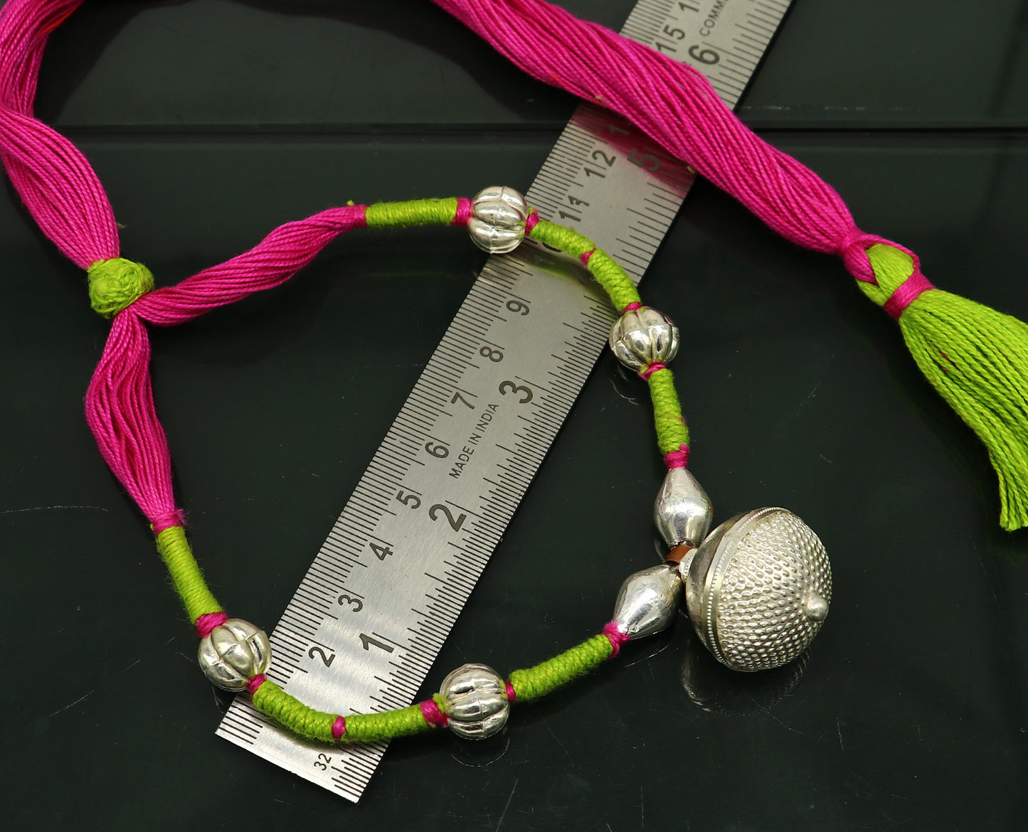 Vintage traditional stylish sterling silver beads with pink thread charm necklace, wedding choker tribal brides adjustable jewelry set188 - TRIBAL ORNAMENTS