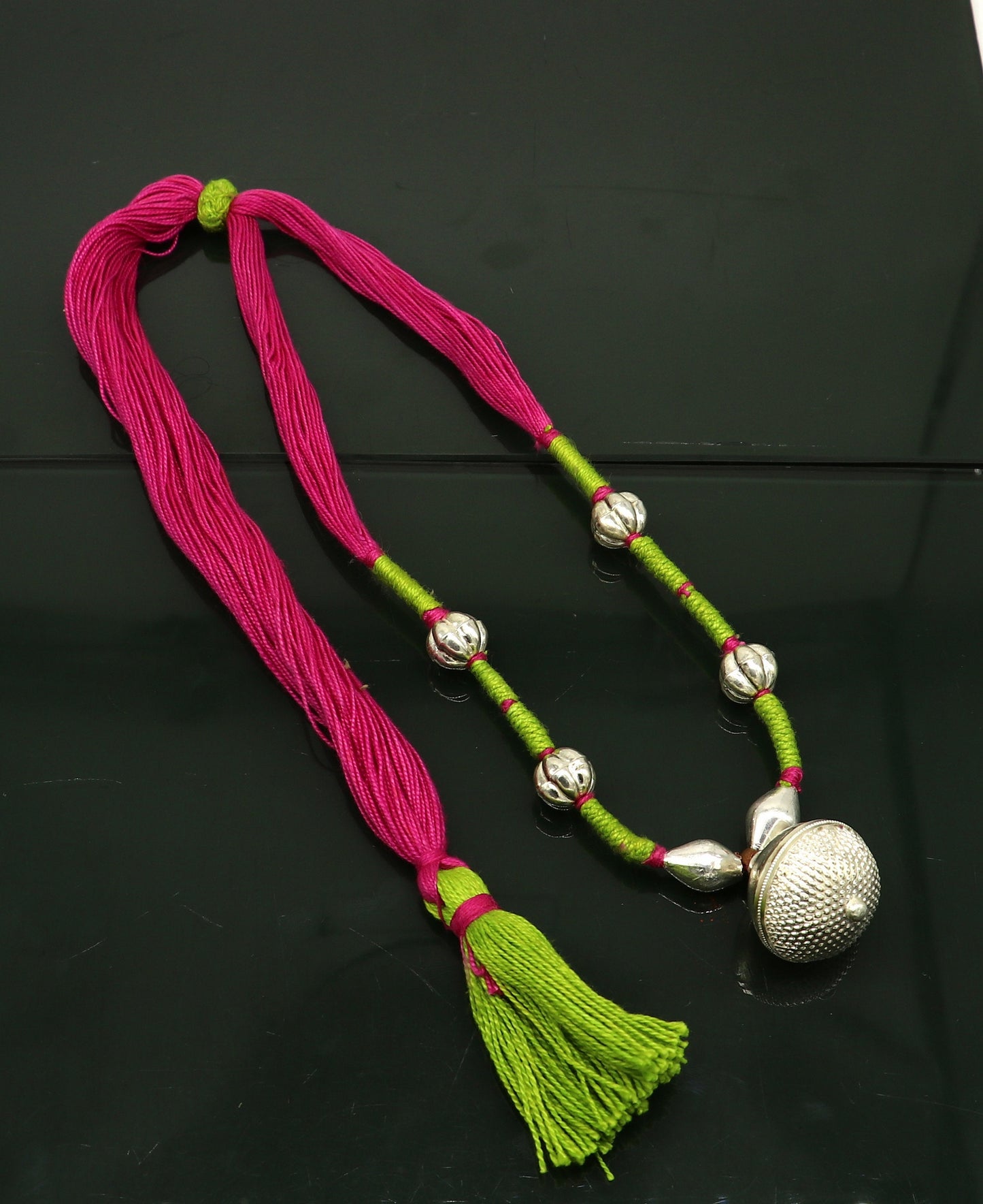 Vintage traditional stylish sterling silver beads with pink thread charm necklace, wedding choker tribal brides adjustable jewelry set188 - TRIBAL ORNAMENTS