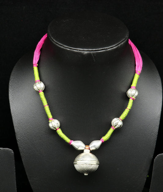 Vintage traditional stylish sterling silver beads with pink thread charm necklace, wedding choker tribal brides adjustable jewelry set188 - TRIBAL ORNAMENTS