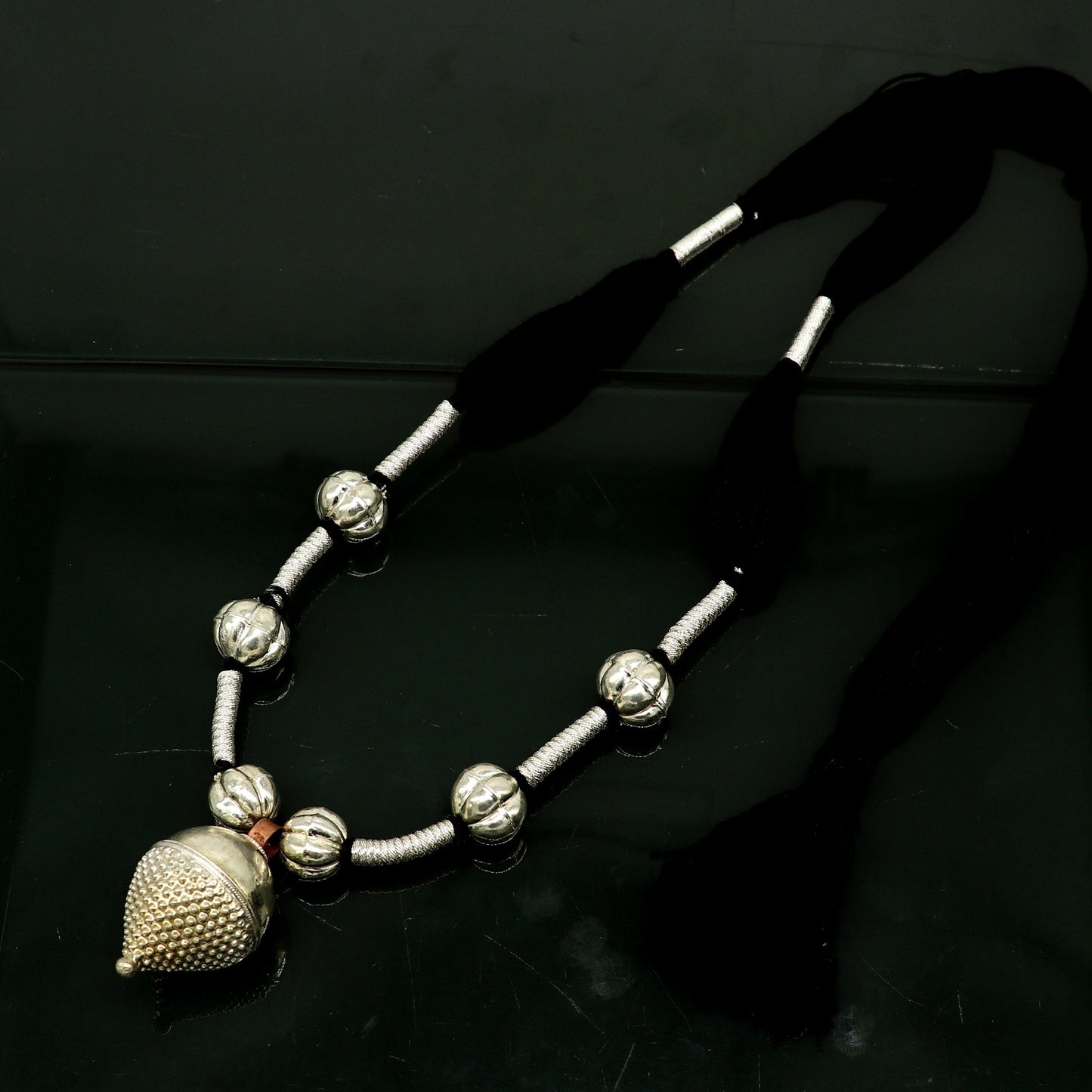 Amazing customized vintage style Sterling silver beads with Black thread charm necklace, wedding choker tribal adjustable jewelry set189 - TRIBAL ORNAMENTS