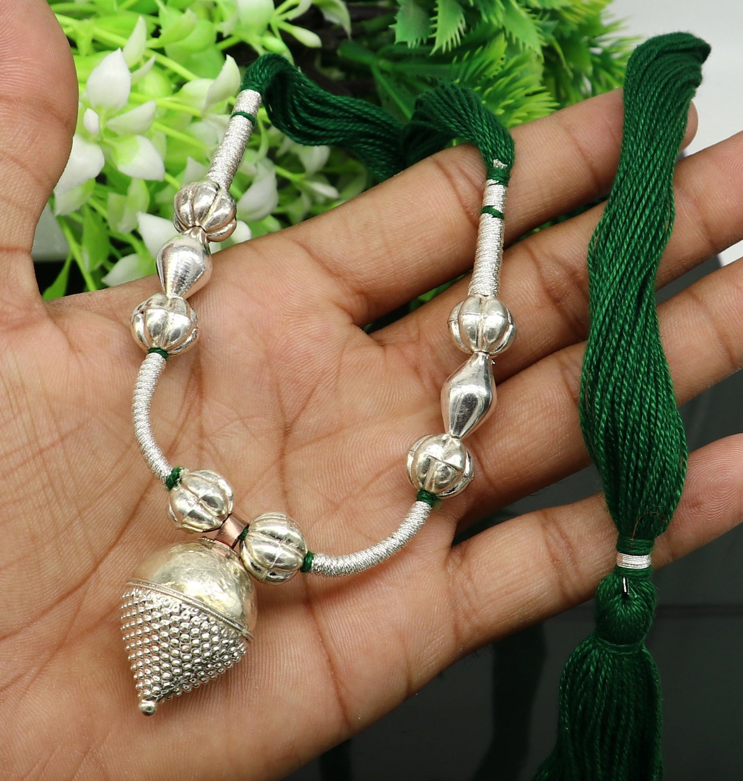 Amazing customized vintage style Sterling silver beads with Green thread charm necklace, wedding choker tribal adjustable jewelry set190 - TRIBAL ORNAMENTS
