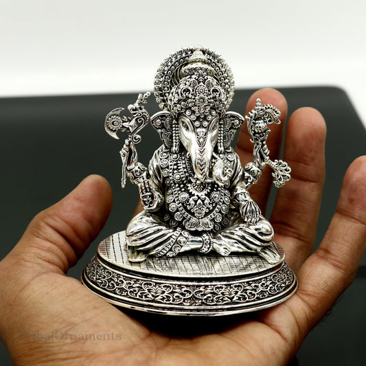 925 Sterling silver handmade customized Hindu God Idol Ganesha statue, puja article figurine, home decor utensils art34 - TRIBAL ORNAMENTS