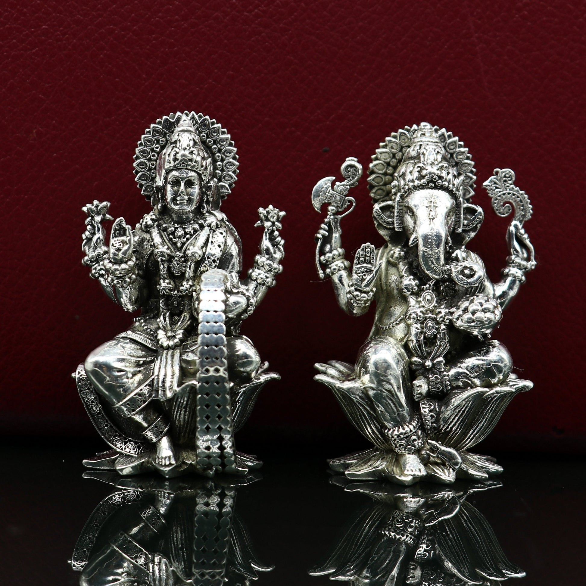 2" 925 Sterling silver handmade customized Hindu idols Lakshmi and Ganesha statue, puja article figurine, home décor Diwali puja art2122 - TRIBAL ORNAMENTS