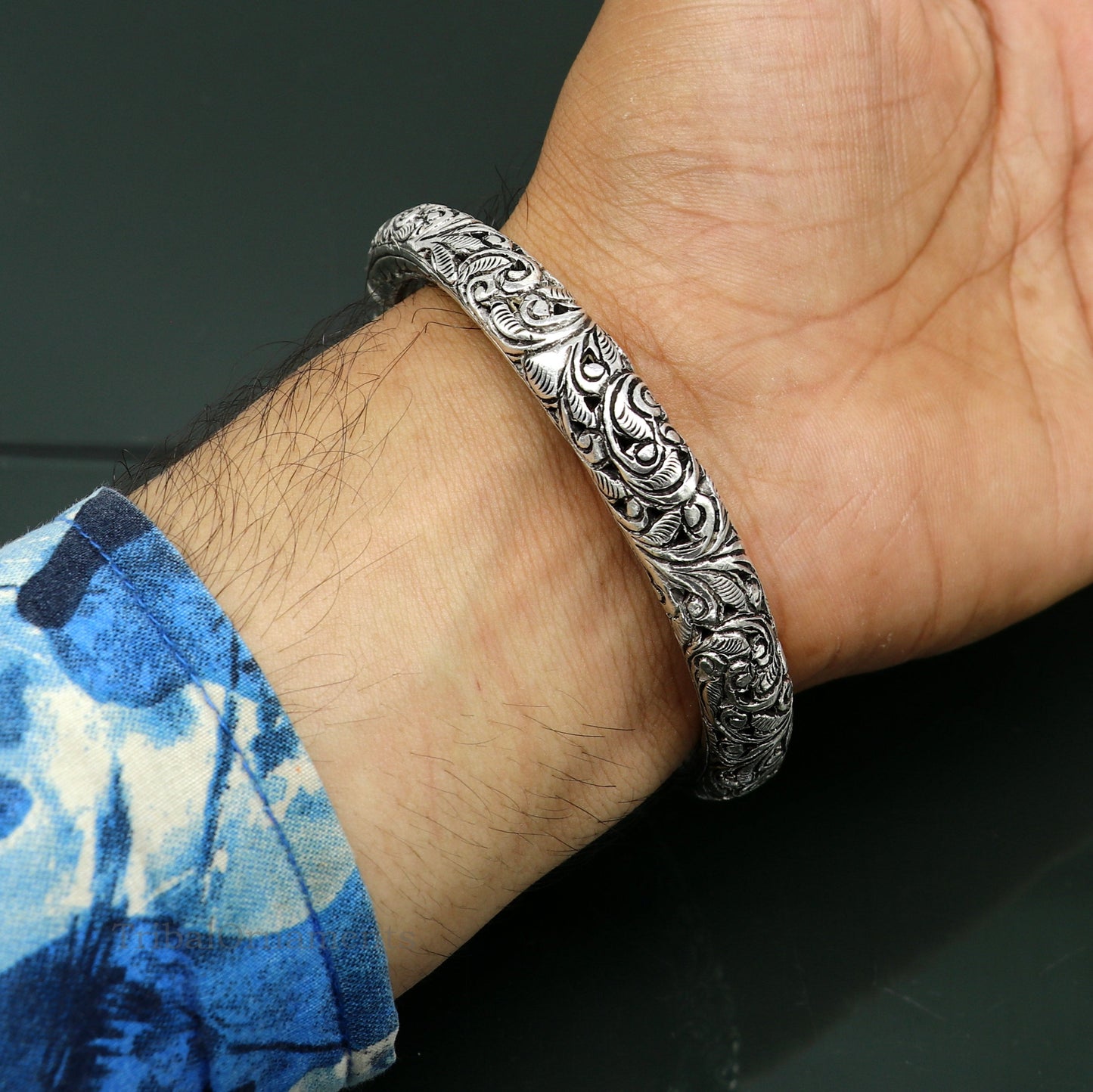 925 sterling silver customized Shiva trident trishul bangle men's bracelet, kandrai or Nakshi work men's gifting jewelry from India nssk387 - TRIBAL ORNAMENTS