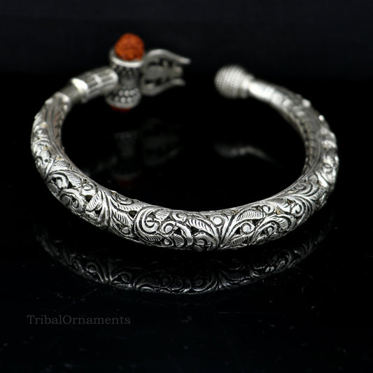 925 sterling silver customized Shiva trident trishul bangle men's bracelet, kandrai or Nakshi work men's gifting jewelry from India nssk387 - TRIBAL ORNAMENTS
