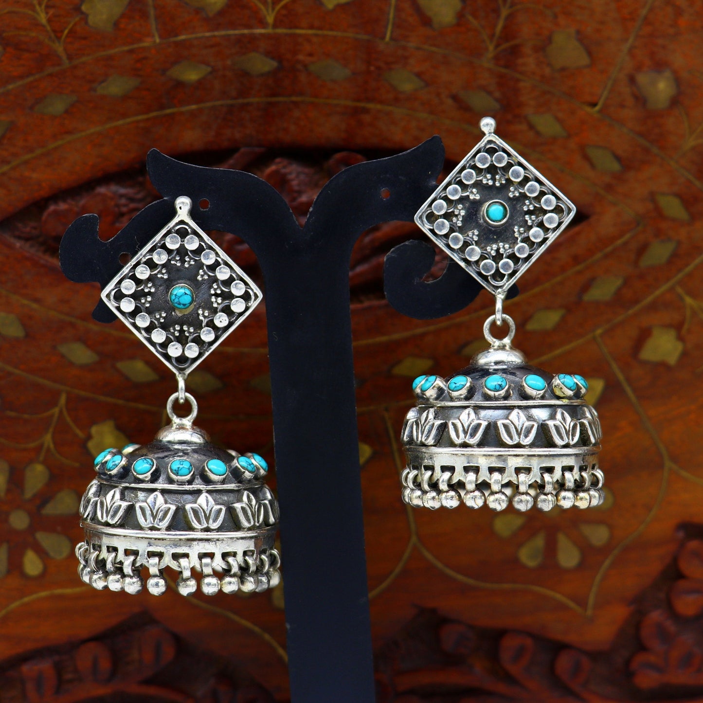 925 sterling silver chandelier stylish handmade earring jhumka, Gorgeous turquoise stone earring drop dangle, tribal ethnic earring ear740 - TRIBAL ORNAMENTS