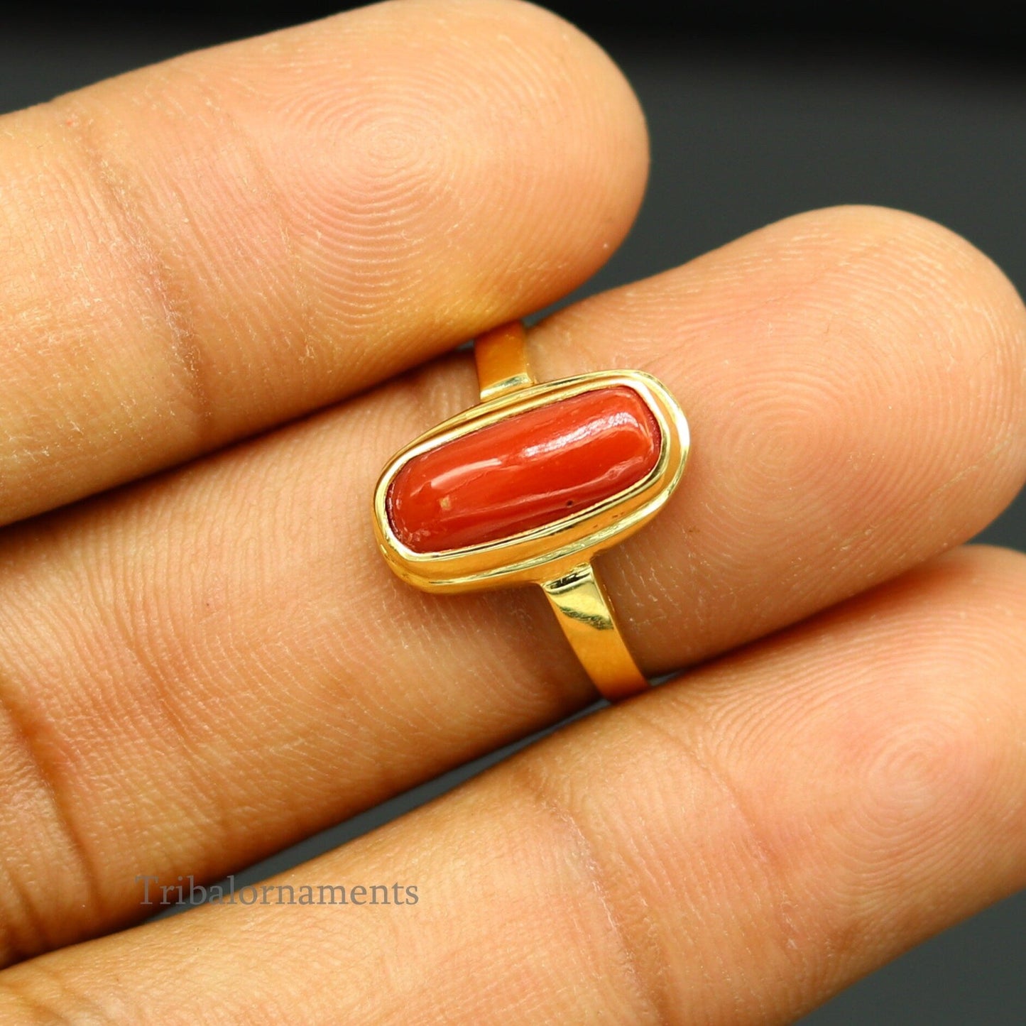 18kt or 22kt yellow gold handmade Red coral (munga) ring band, excellent design unisex stone ring, certified hallmarked jewelry gring34 - TRIBAL ORNAMENTS