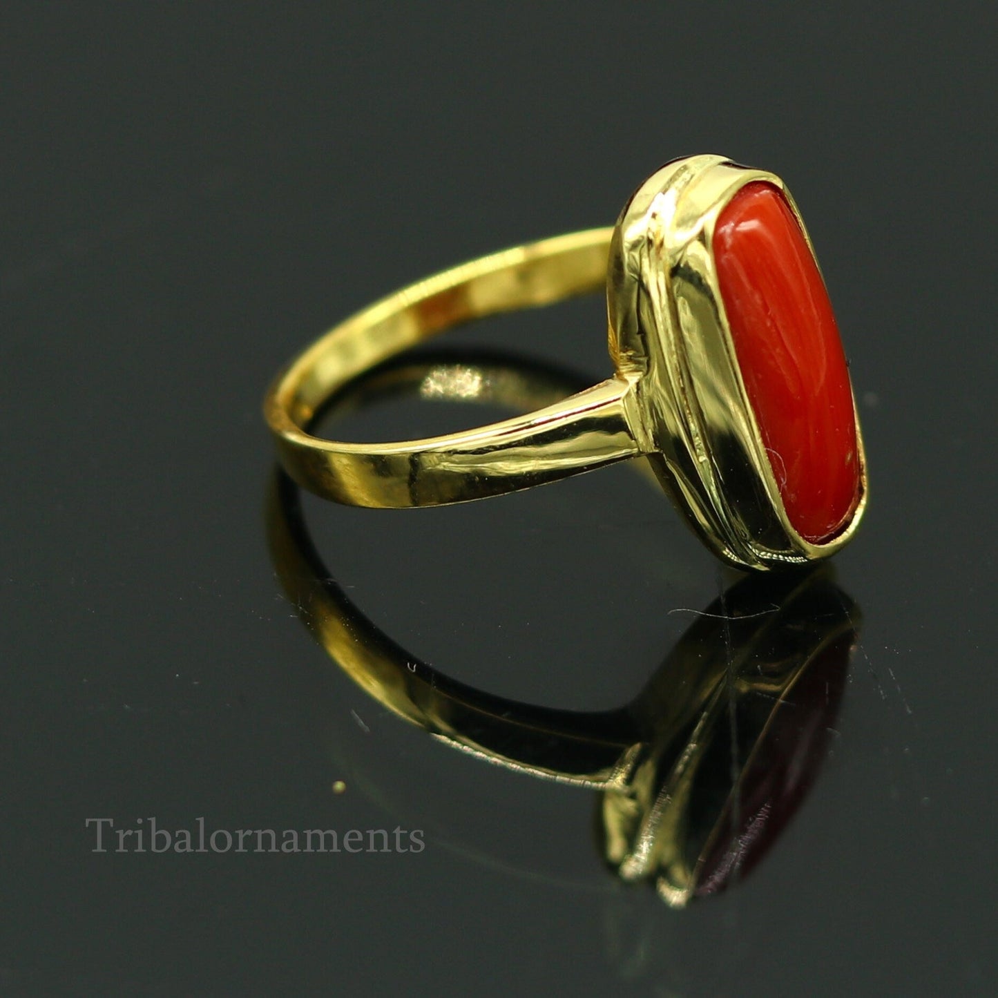 18kt or 22kt yellow gold handmade Red coral (munga) ring band, excellent design unisex stone ring, certified hallmarked jewelry gring34 - TRIBAL ORNAMENTS