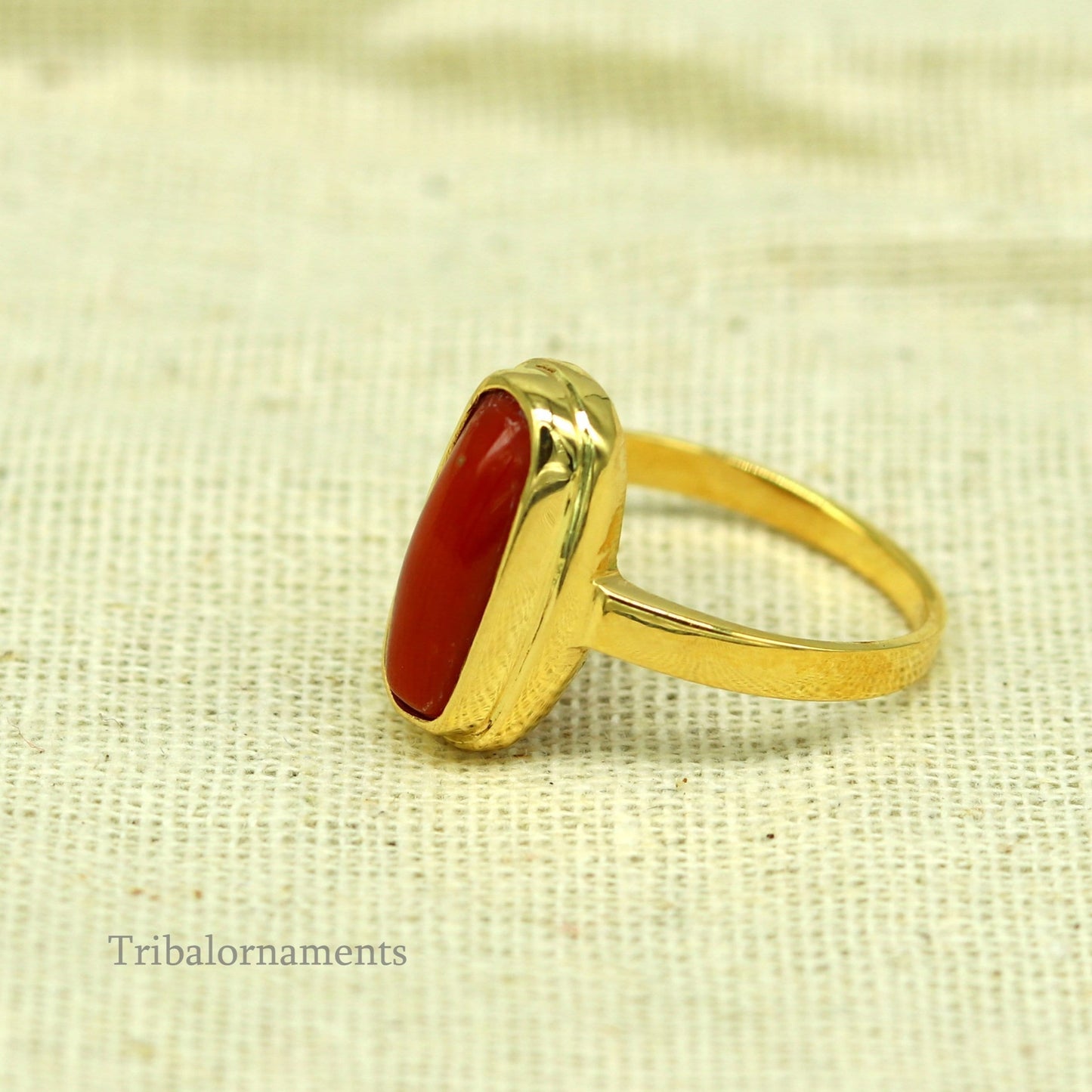 18kt or 22kt yellow gold handmade Red coral (munga) ring band, excellent design unisex stone ring, certified hallmarked jewelry gring34 - TRIBAL ORNAMENTS
