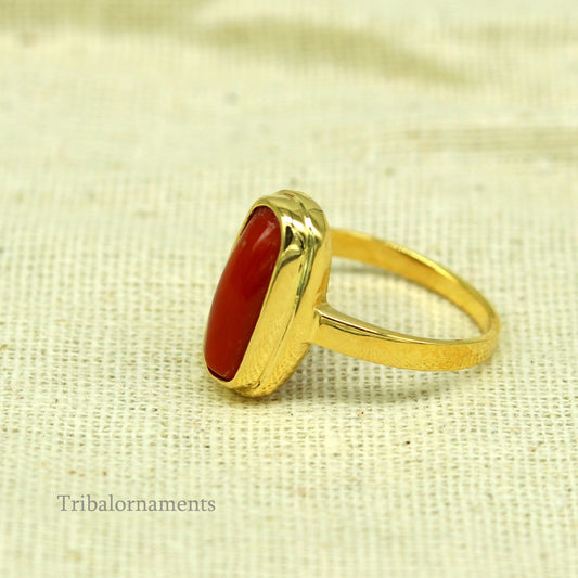 18kt or 22kt yellow gold handmade  Red coral (munga) ring band, excellent design unisex stone ring, certified hallmarked jewelry gring34 - TRIBAL ORNAMENTS