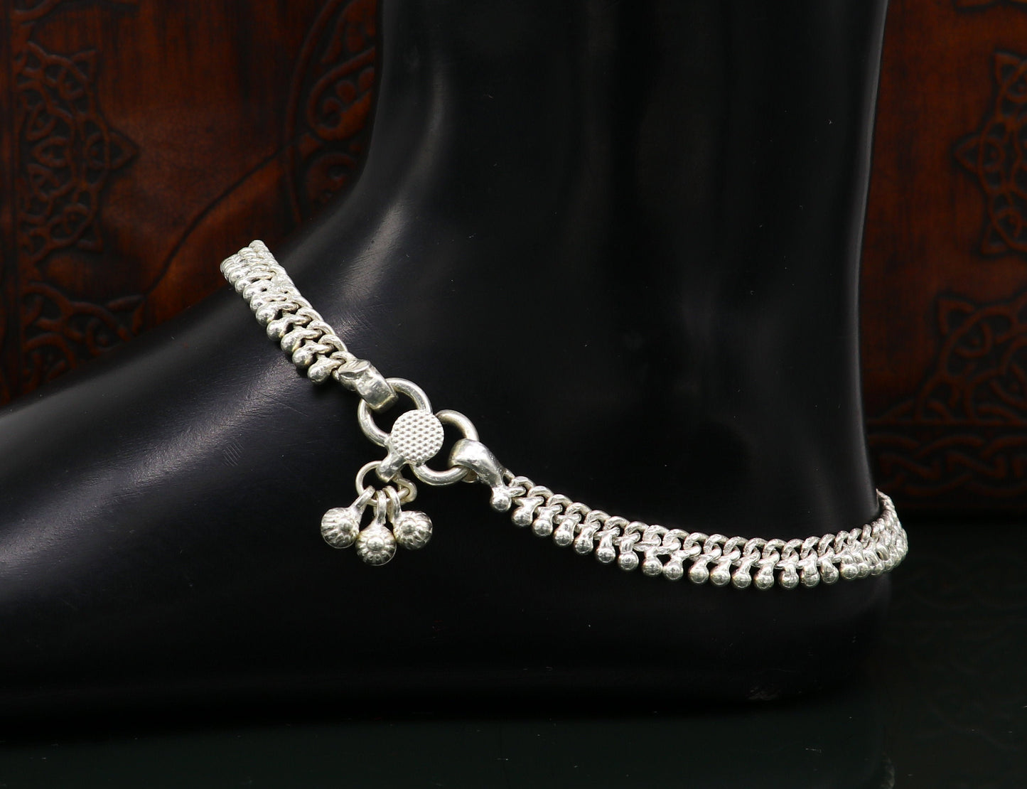 11" sterling silver solid customized Waved tiny beaded design ankle bracelet foot bracelet anklet vintage tribal belly dance jewelry ank373 - TRIBAL ORNAMENTS