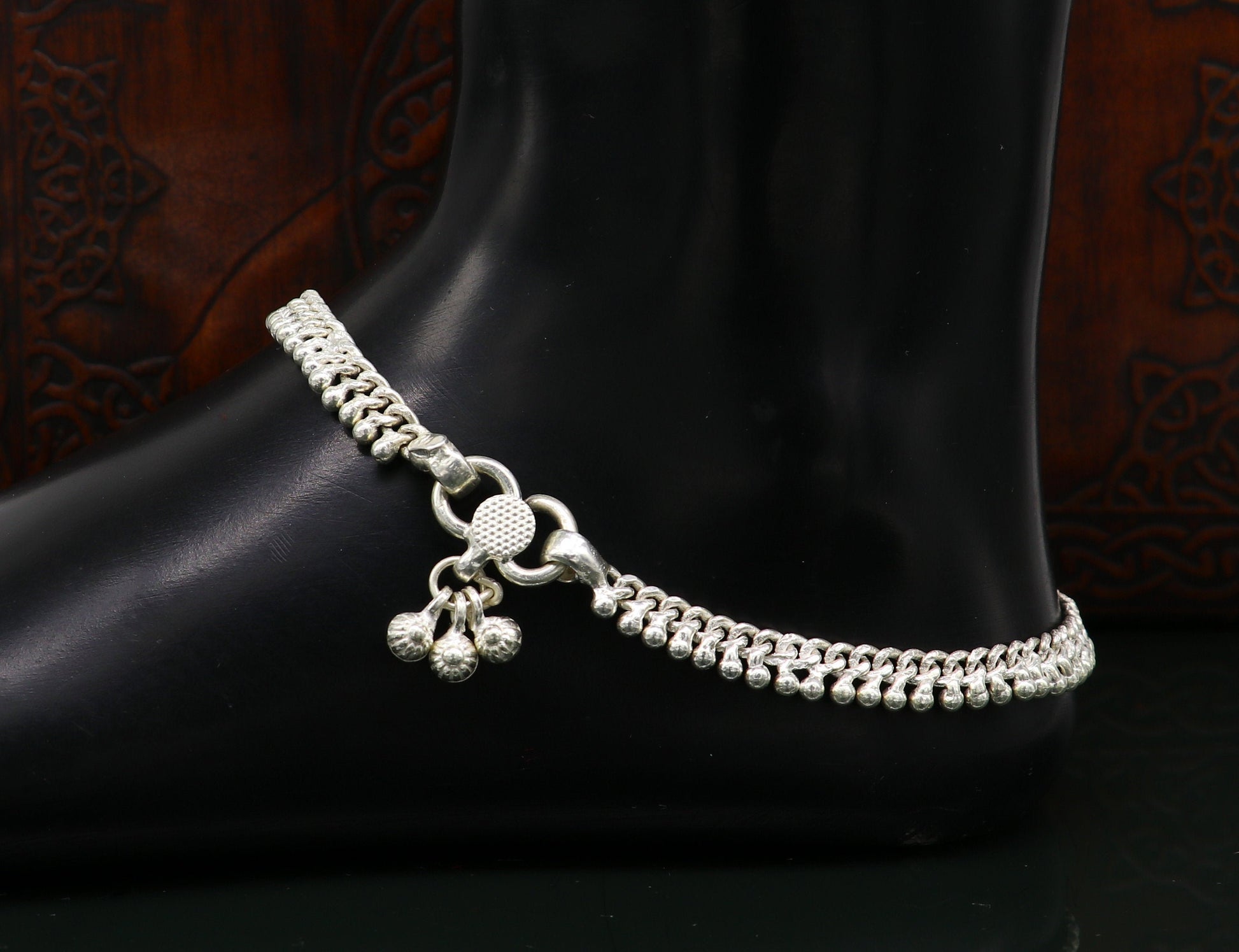 11" sterling silver solid customized Waved tiny beaded design ankle bracelet foot bracelet anklet vintage tribal belly dance jewelry ank373 - TRIBAL ORNAMENTS