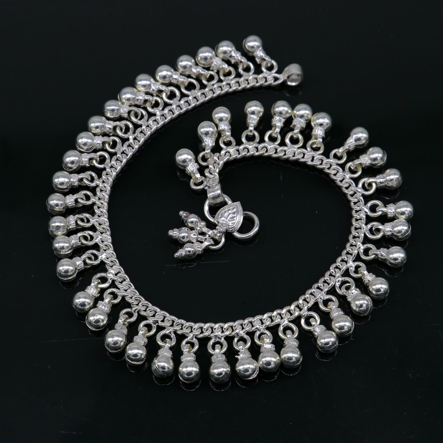 10.5" Vintage antique style sterling silver handmade solid chain ankle bracelet with amazing noisy jingle bells belly genuine jewelry ank379 - TRIBAL ORNAMENTS