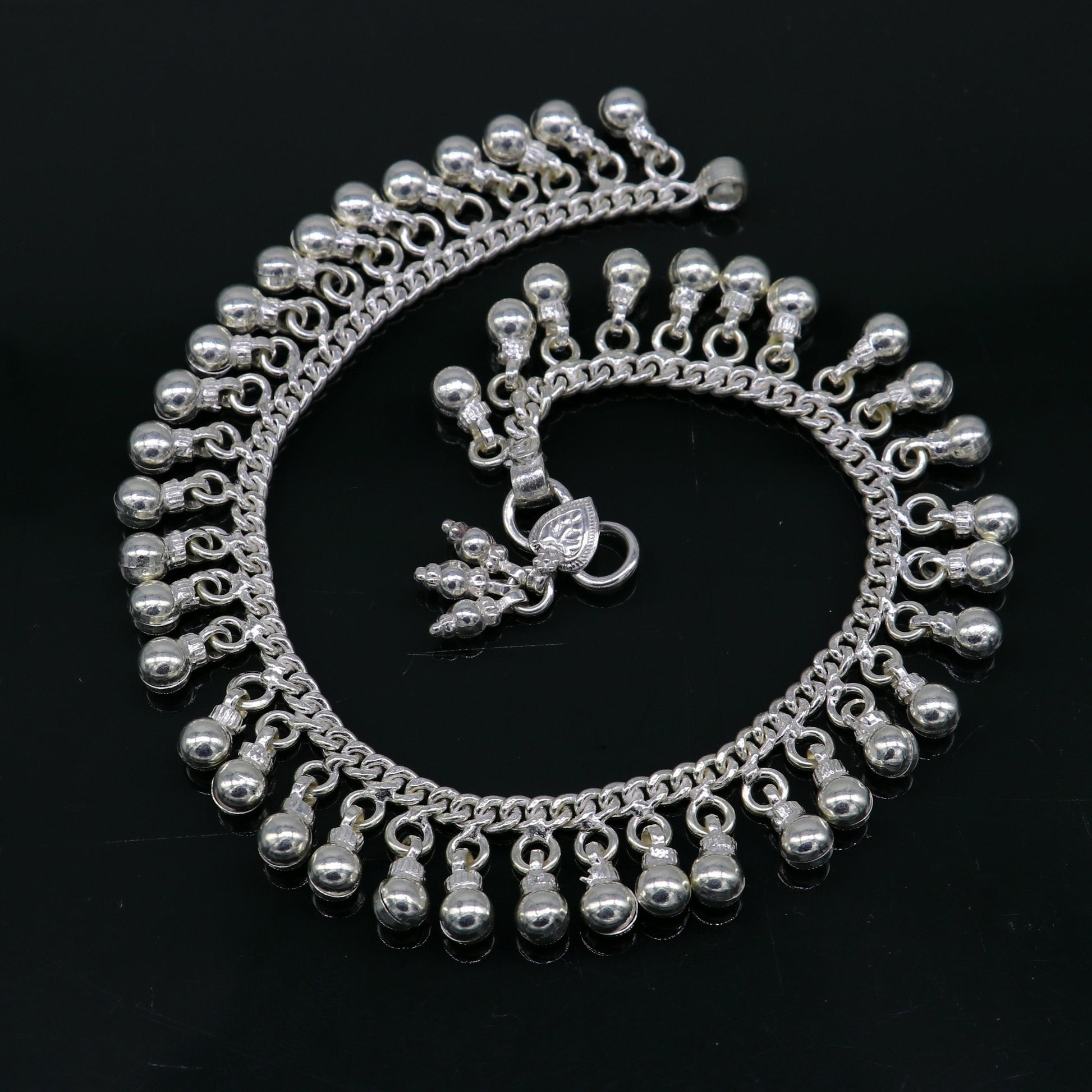 10.5" Vintage antique style sterling silver handmade solid chain ankle bracelet with amazing noisy jingle bells belly genuine jewelry ank379 - TRIBAL ORNAMENTS
