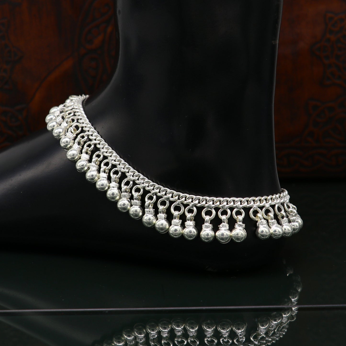10.5" Vintage antique style sterling silver handmade solid chain ankle bracelet with amazing noisy jingle bells belly genuine jewelry ank379 - TRIBAL ORNAMENTS